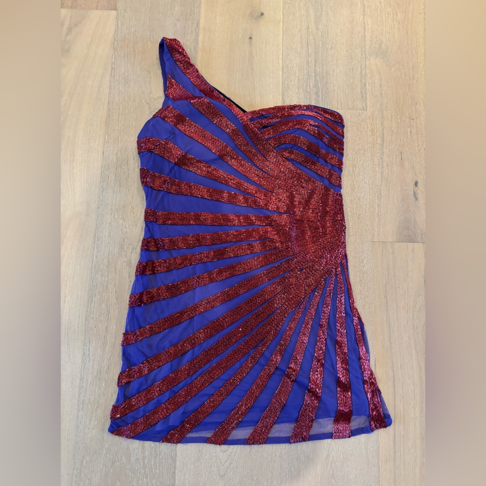 Nasty Gal One Shoulder Spiral Sequin Mini Dress US 12 red NWT - Picture 5 of 16